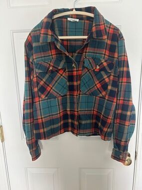 beachlunchlounge Plaid Button-Down Shirt Jacket in Teal, Orange, Navy